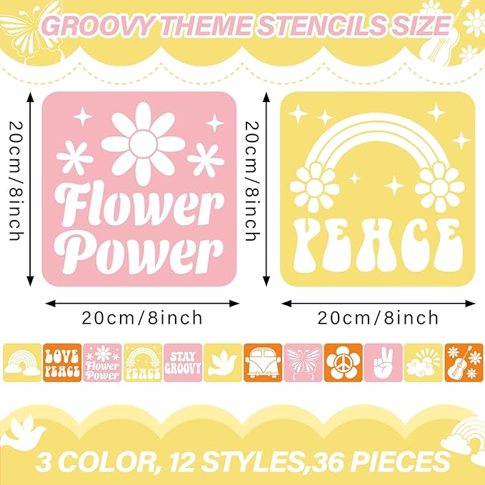 36pcs Groovy Hippie Drawing Stencils for Kids 8 Inch Sidewalk Chalk Stencils Painting Spring Gifts Large Washable Reusable Retro Boho Themed Primary Shape Template for Kids Toddlers Preschool
