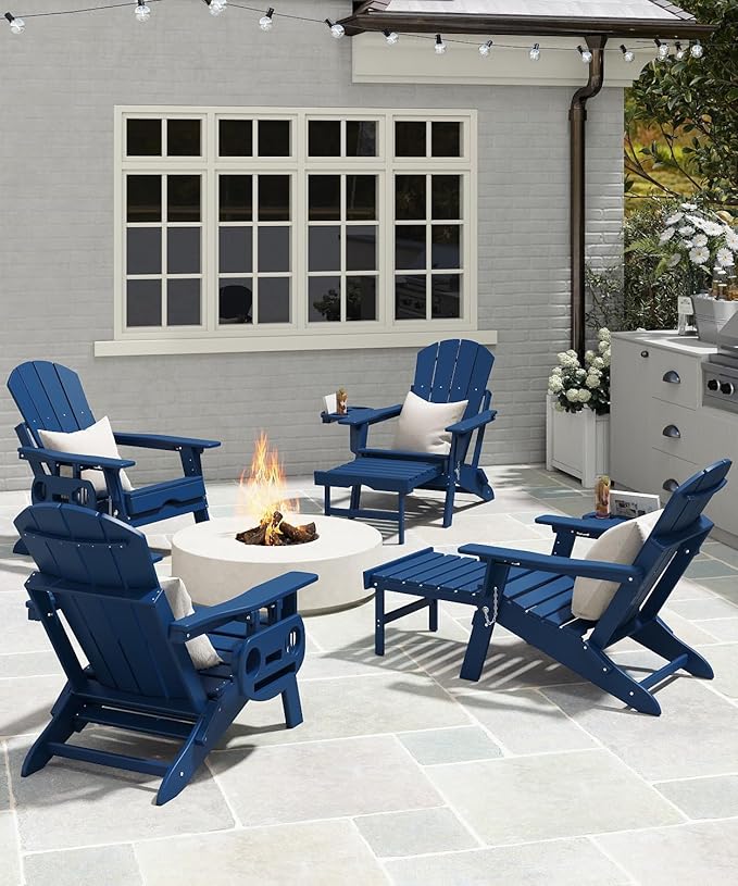 Adjustable Adirondack Chair with Retractable Ottoman Set of 4, HDPE Folding Adirondack Chair with Cup Holder, All Weather Fire Pit Chair for Outdoor.