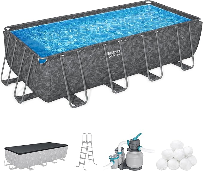 Bestway APX 365 18' x 9' x 52" Above Ground Pool, Rectangular Metal Frame Outdoor Swimming Pool Set with Sand Filter Pump, Ladder, and Cover, Dark Marble