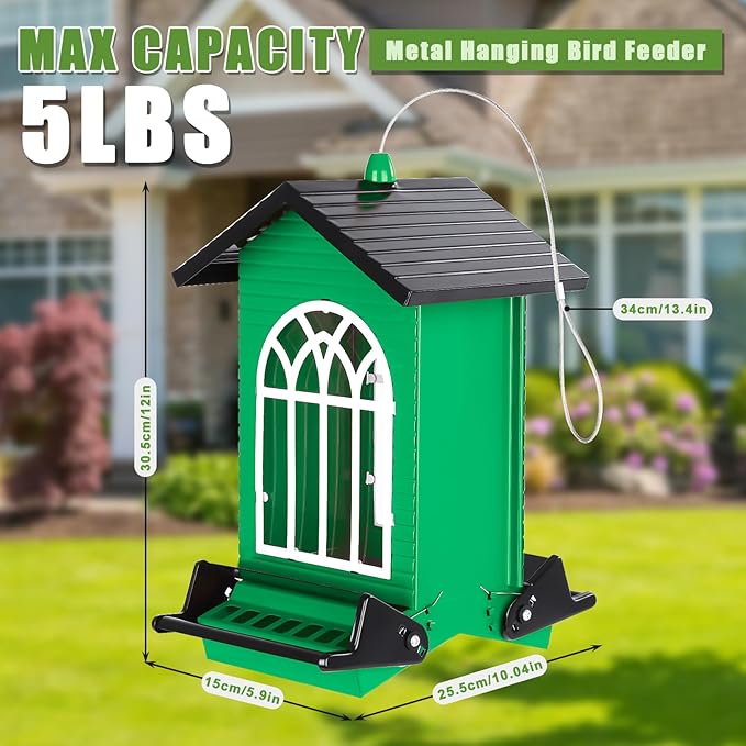 Squirrel Proof Bird Feeder for Outdoors,5LB Large Capacity,Metal Wild Bird Seed Feeder with Bilateral Weight-Activated Perches for Outside Hanging,Garden Decoration,Green
