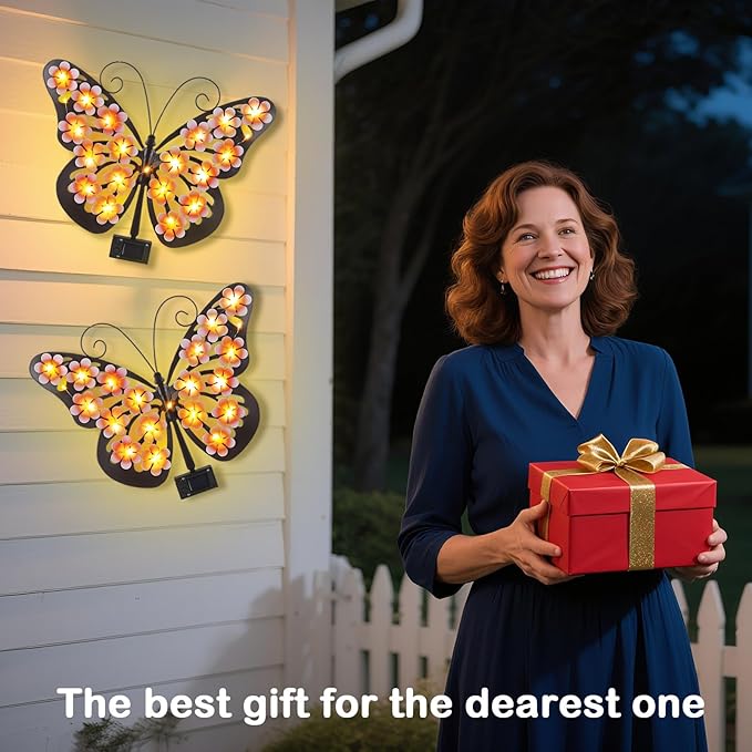 Solar Lights Outdoor Metal Butterfly Wall Decor with 30 Led - 13.5" Outdoor Fence Wall Art,Hanging Decoration for Garden Patio Porch Yard,Gifts for Women，Xmas Gifts for Mom Grandma