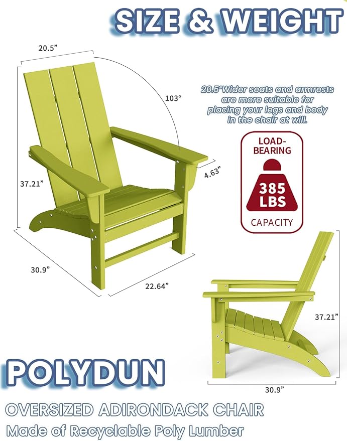 Modern Adirondack Chairs Set of 2, HDPE Plastic Patio Chairs for All Weather, Fire Pit Chair, Outdoor Lawn Chairs for Deck, Porch, Backyard, Garden, Avocado