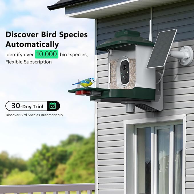 Smart Bird Feeder with Camera, AI Identify Bi rd Species Solar Powered,Full HD Live Video Bird Feeder Camera, 2.4Ghz WiFi, Instant Arrival Alerts - Best Gifts for Bi rd Lover