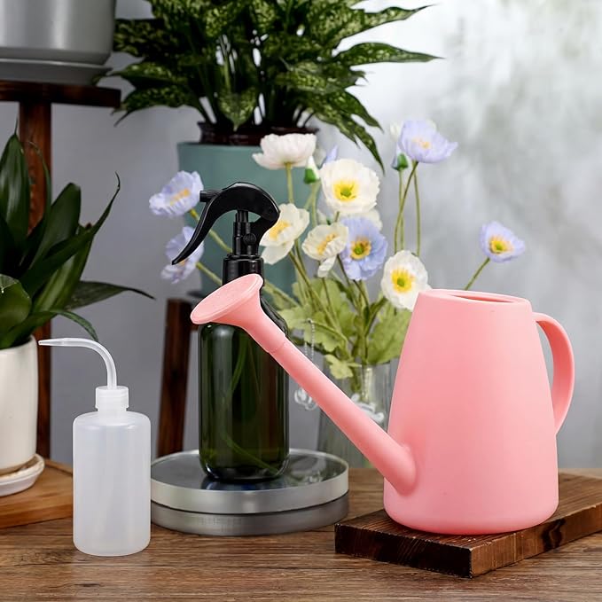 6 Pcs Indoor Watering Can Set 1/2 Gallon Can 6.8 oz Spray Bottle 17 oz Squeeze Bottle Plant Watering Globes Soil Moisture Meter Small Spraying Set for Indoor Outdoor Plants(Pink)