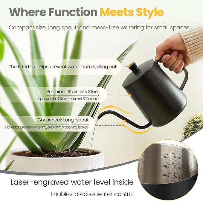Watering Can Indoor Plants, 20 oz Metal Mini Indoor Watering Can with Long Spout for Houseplants, 13.5 oz Glass Plant Mister Spray Bottle for Bonsai Garden Flower Seedlings (Black/Grey)
