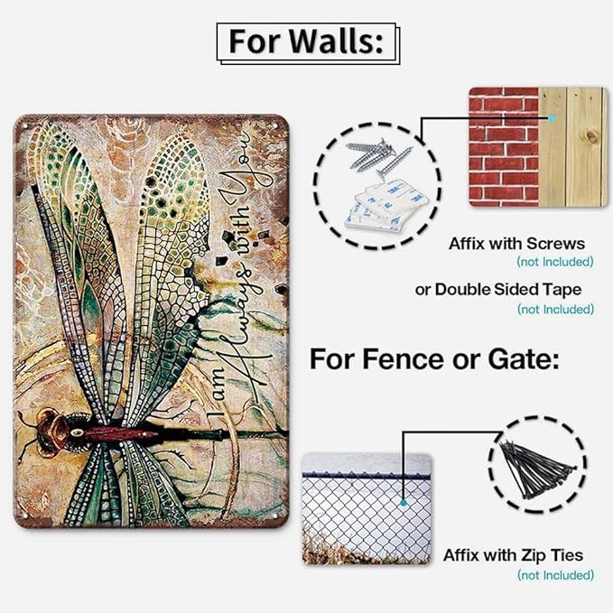 YOYI ART Metal Dragonfly Wall Decor Sign - I Am Always With You, Vintage Tin Signs for Home, Bedroom, Kithcen, Garden, Patio and Yard Wall Art Accessories, Dragonfly Gifts for Women, 12 x 8 inch