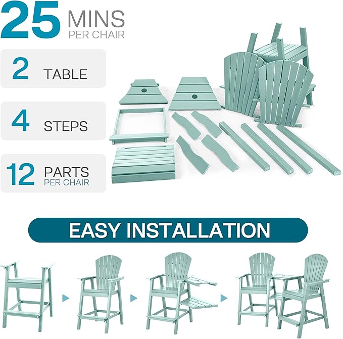 Tall Adirondack Chairs Set of 8, HDPE Balcony Chair with Double Connecting Tray, Weather Resistant Outdoor Adirondack Bar Stools for Patio, Deck, Patio, Backyard, Balcony. (Lake Blue)