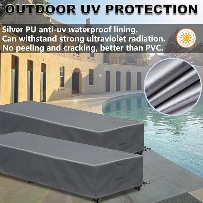 Waterproof Patio Lounge Chair Cover 1 Pack Outdoor Chaise Lounge Covers 600D Weather Resistant Material, UV Protection, Windproof Design Outside Furniture Covers 80" x 28" x 14" H,Grey