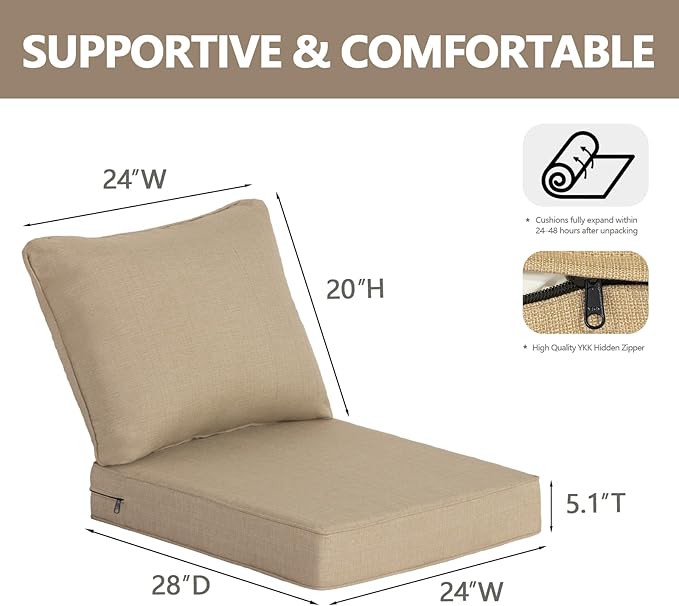 Goodgoods 24 x 28 Outdoor Patio Deep Seat Cushions 2-Pack, 1000+ Hours Fade-Resistant & Water-Resistant Outdoor Furniture Chair Cushions with 30D High-Resilience Foam for Sofa Chair, Toffee