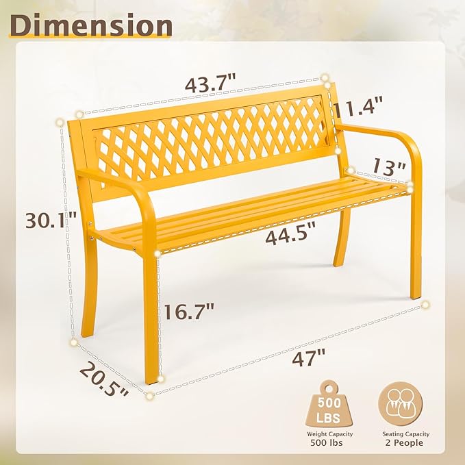 Outvita Outdoor Bench, 47" Iron Steel Frame Garden Bench with Mesh Pattern and Plastic Backrest Armrests, Patio Bench for Garden Park Yard Front Porch Patio, Yellow
