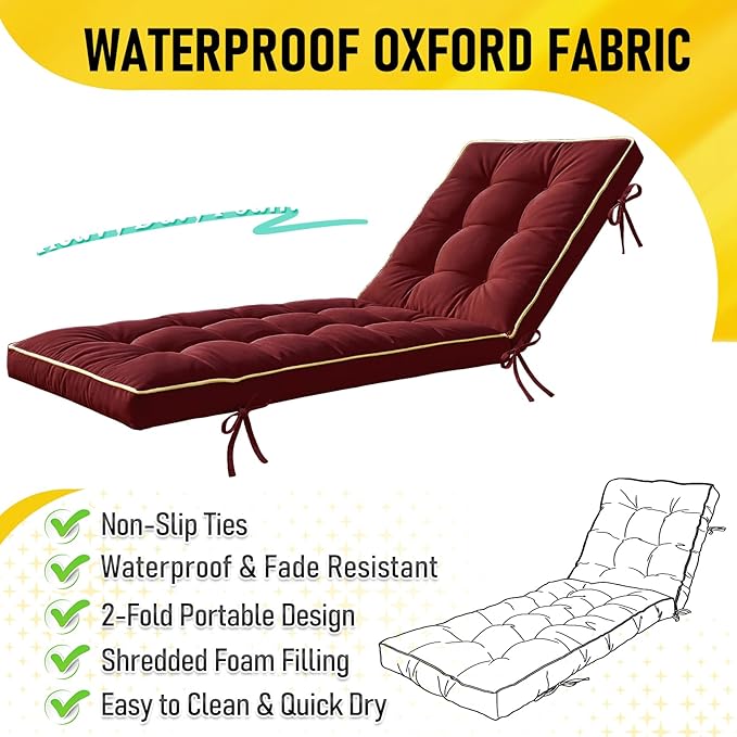2 Pack 72x21 Inch Folding Chaise Lounge Cushion Quick Dry - Outdoor Sun Lounger Seat Pad with Shredded Foam for Patio Furniture, Deck Chairs, Poolside (RED, 72 INCH × 21 INCH-2 Pack)