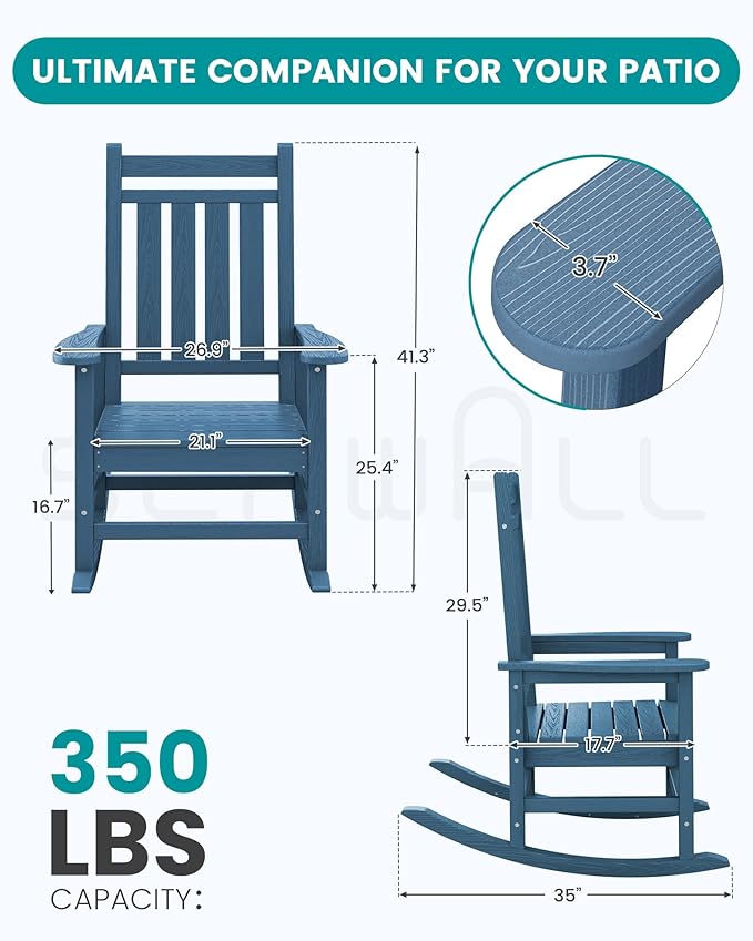 SERWALL Outdoor Rocking Chair, HDPE Rocking Chair for Adults, All Weather Porch Rockers for Lawn Garden, Navy