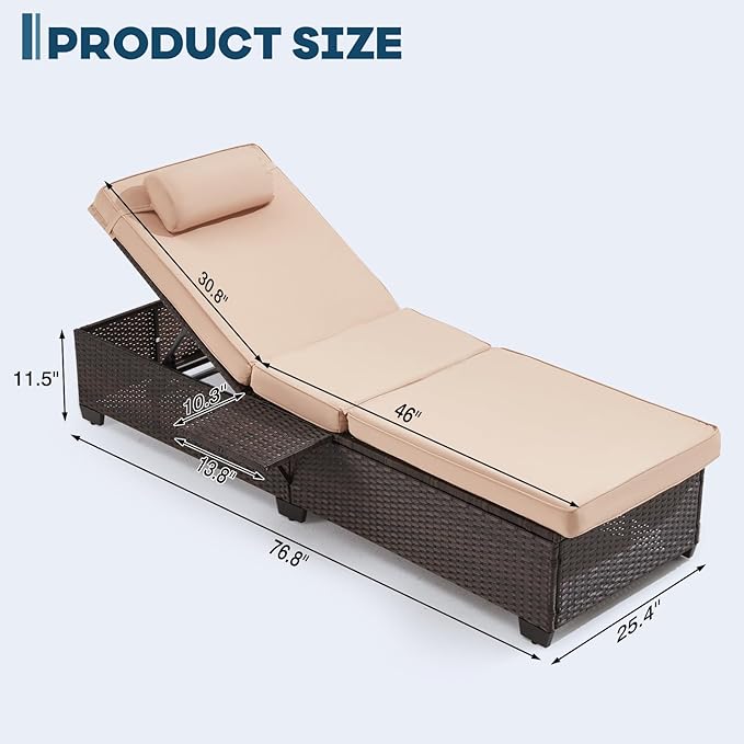 Outdoor Lounge Chairs, Pool Lounge Chairs Set of 2, Outdoor Chaise Lounge with Adjustable Backrest & Cup Holder,Khaki
