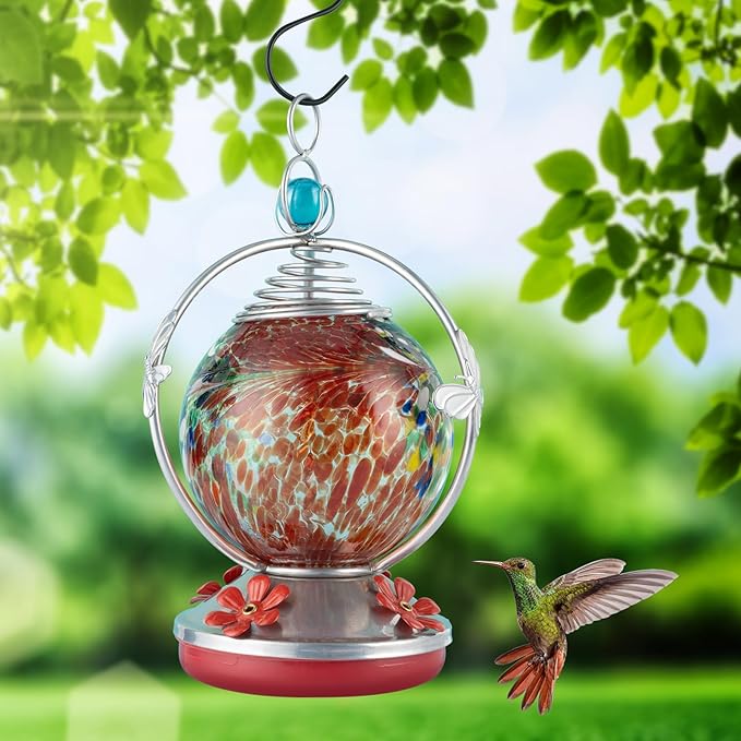 Backyard Expressions Glass Hummingbird Feeder - Red - Hummingbird Feeders for Outdoors Hanging, Hand Blown Glass Hummingbird Feeder with Spiral Pattern