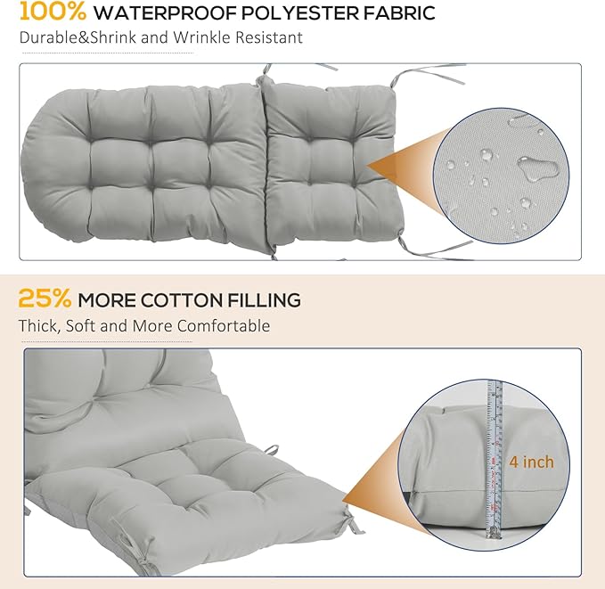 Adirondack Chair Cushions Set of 4, Thick High Back Rocking Chair Cushion 47x19.6x4 Inch, Folding Patio Pads with Ties, Waterproof & Fade-Resistant Seat Pads Indoor/Outdoor (Grey)