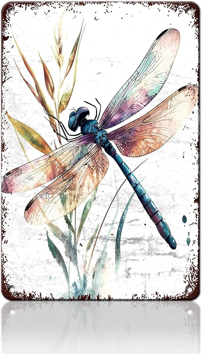 Dragonfly Garden Decor Watercolor Dragonfly Metal Tin Sign Vintage Wall Art for Home Decor Patio Garden Outdoor & Indoor Nature Inspired 8x12inch
