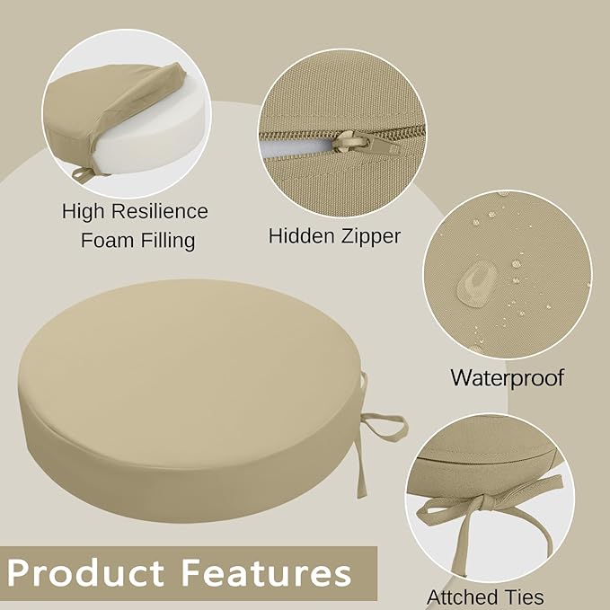 idee-home Outdoor Bistro Chair Cushions, 15”x15”x 3” Thick Outdoor Round Seat Cushions Set of 4 with Ties, Waterproof Round Patio Furniture for Garden
