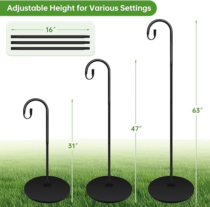 63 Inch Shepherds Hooks for Outdoor Indoor with Round Base Stand, Adjustable Shepherds Hook for Bird Feeder, Lanterns, Wind Chime in Patio Garden