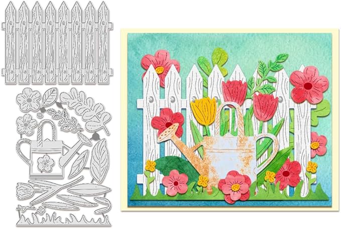 BENECREAT 2pcs Garden Fence Cutting Dies, Flower Watering Can Embossing Stencils Die Cuts for Paper Card Making Decoration DIY Scrapbooking Album Craft Decor