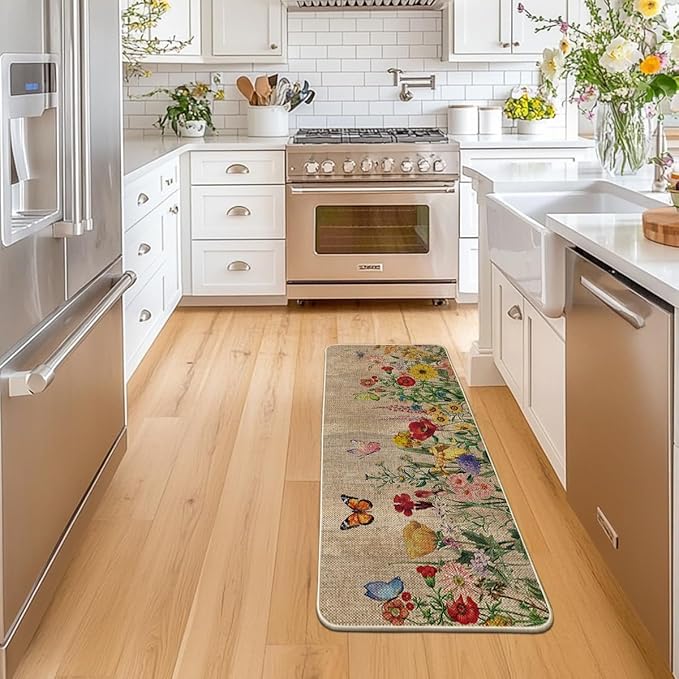Artoid Mode Wood Flowers Butterfly Spring Runner Rug, Home Summer Decor Low-Profile Door Mat Floor Mat for Indoor Outdoor 24x59 Inch