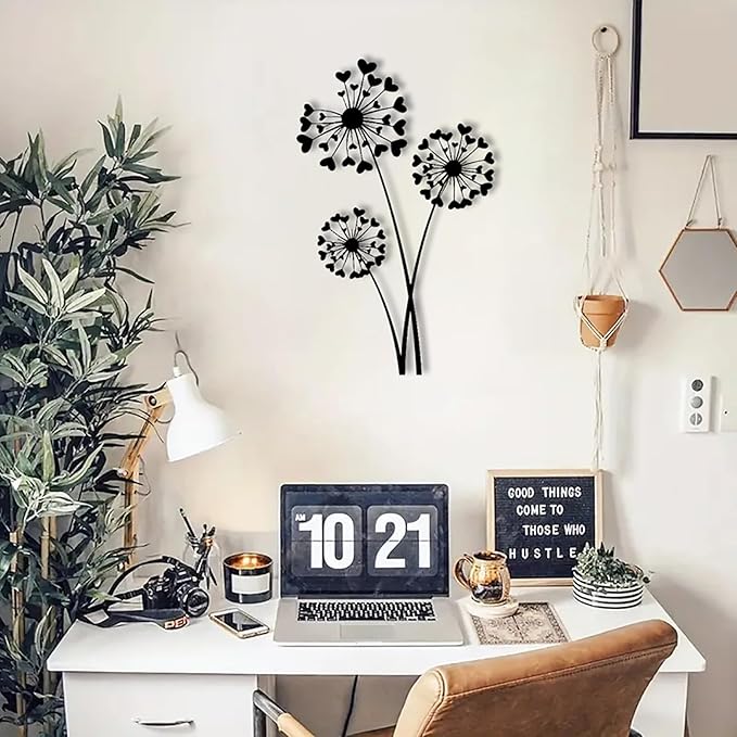 DUOOLN Metal Flowers Wall Art Decor, Minimalism Dandelion Flower Hanging Iron Decoration,Modern Plant Potted Art Sculpture Sign, Home Bedroom Bathroom Outdoor Indoor Kitchen Feature Wall-15.7x9.8in