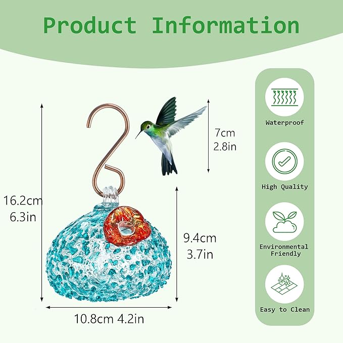 Hand Blown Glass Hummingbird Feeder for Outdoors Hanging Glass Humming Bird Feeder for Garden Backyard Decor