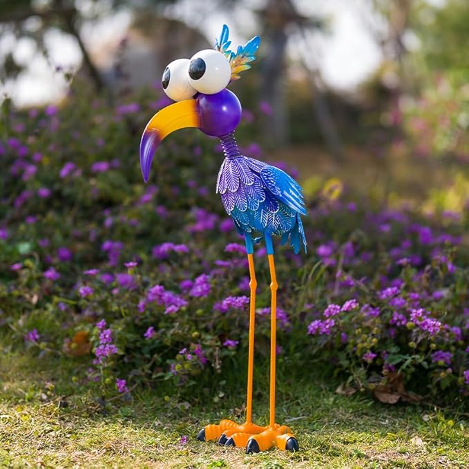 Metal Purple Big-Eyed Bird Statue Garden Decor, Big-Eyed Bird Garden Statue Decor Yard Art for Home Kitchen Outdoor Patio Lawn Decor
