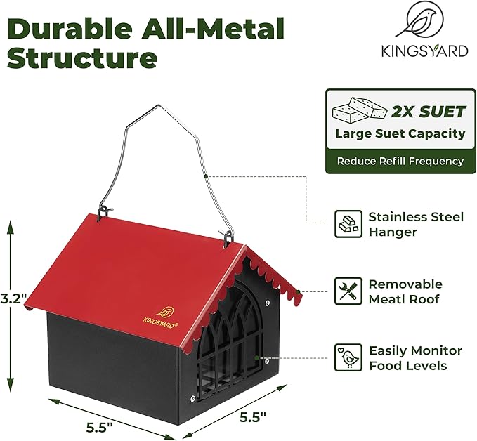 Kingsyard Double Upside Down Suet Feeder with Weatherproof Roof, All Metal Suet Feeders for Outdoors Hanging, Great for Downy Woodpecker Nuthatch Chickadee, Red