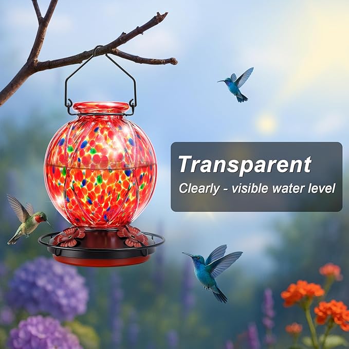 Hummingbird Feeders for Outdoors – 18 oz Hand Blown Glass Bird Feeder, Leakproof, Easy to Fill & Clean, Decorative Hanging Gift for Garden, Patio, Window, Mom or Gardener