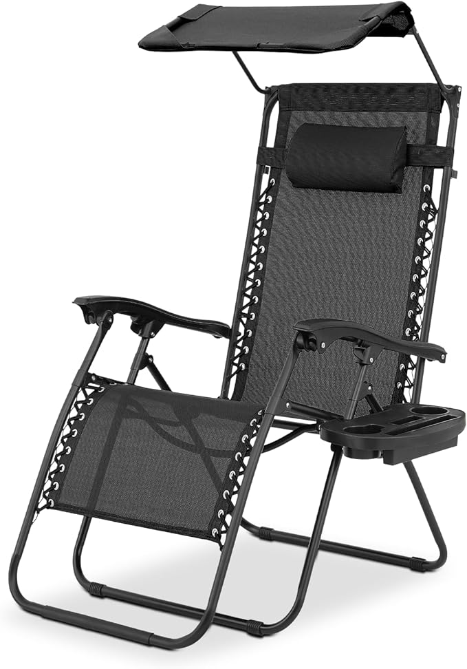 Magshion Zero Gravity Lounge Chair with Canopy, Outdoor Foldable Patio Reclining Chair with Side Tray, Adjustable Anti-Gravity Recliner with Pillow Headrest, Lounger for Lawn Camping Beach (Black)