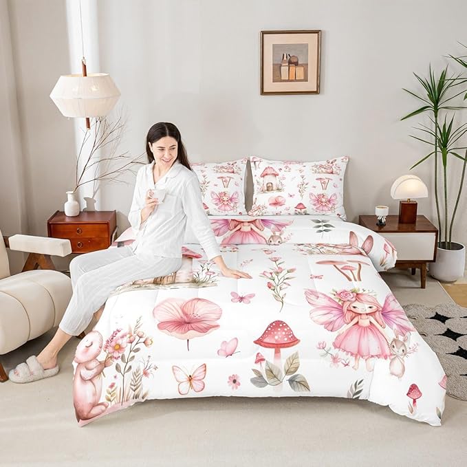 Erosebridal Fairy Garden Full Comforter Set - Mushroom Floral Butterfly Bedding Sets for Kids Girls, Pink Flower Bunny Bed Set | Forest Themed Fairies Room Decor with 2 Pillowcases