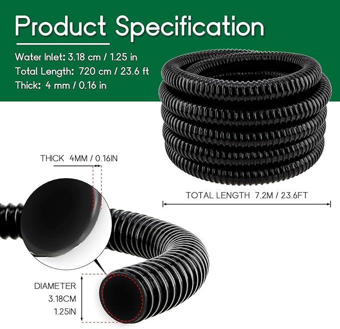 LONGRUN Pond Tubing 1.25 Inch 1-1/4'' Diameter, 23.6 Feet Long Corrugated Flexible Hose Pipe, Pool PVC Tube for Garden Ponds Waterfalls Camping Caravans Filters Drainage Marine