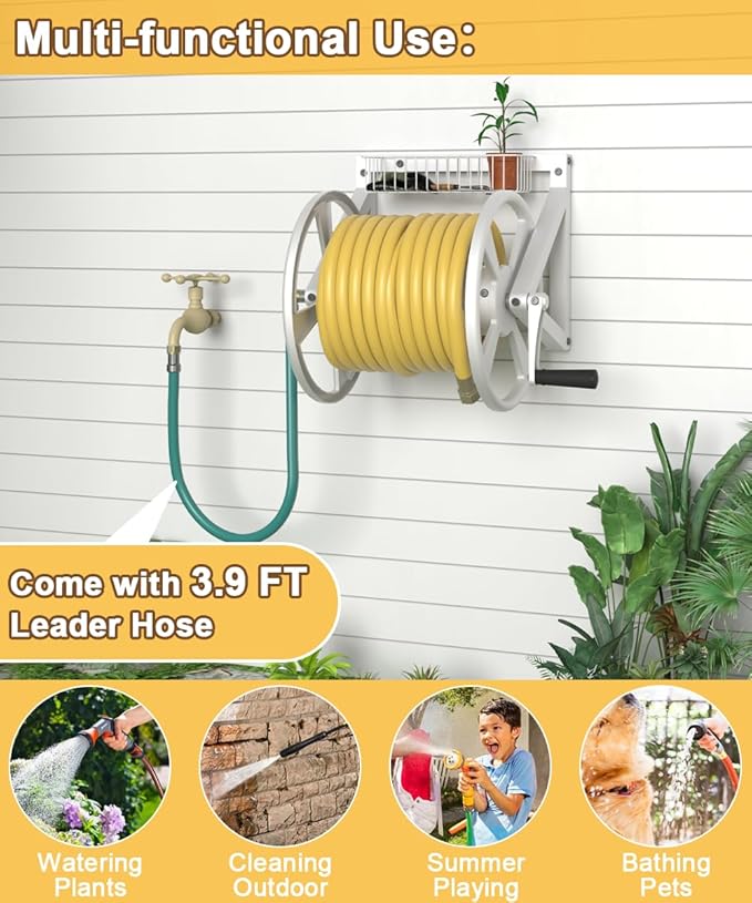 Triangle Wall Mounted Garden Hose Reel, Outdoor Heavy-Duty Water Hoses Holder Winder, Holds 125 Ft of 5/8-Inch Hose, with 3.9 ft Leader Hose, Brass Fitting, Storage Basket for Yard, White