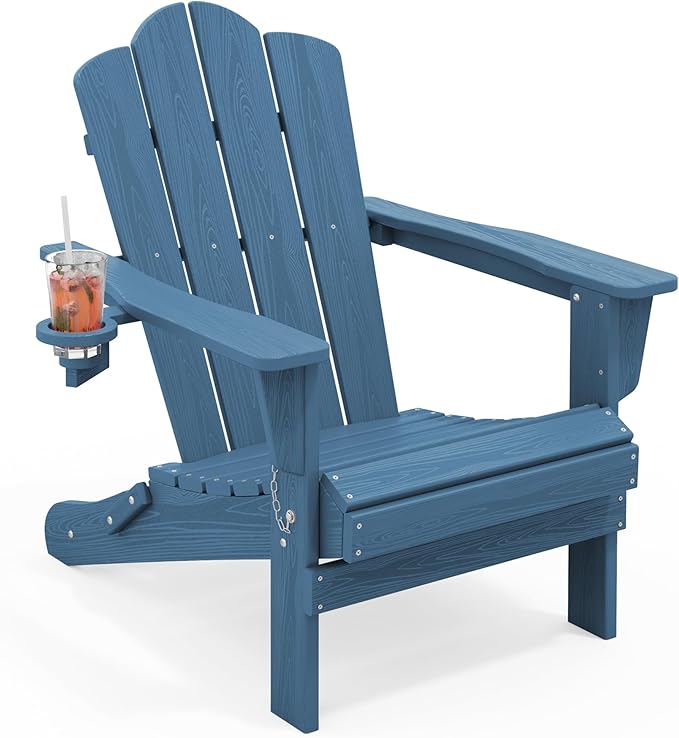 KINGYES Folding Adirondack Chair, HDPE All-Weather Patio Chairs with Cup Holder, Wooden Textured Fire Pit Chairs for Poolside, Backyard, Deck, Navy