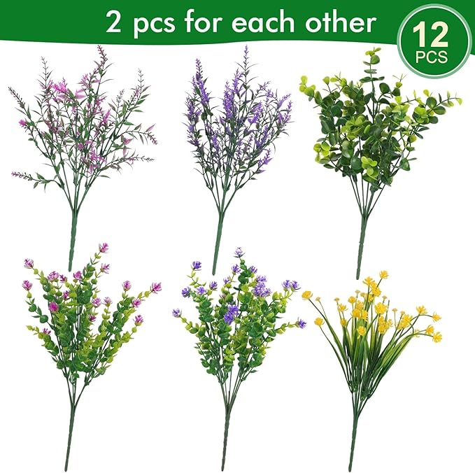 Hananona Artificial Flowers Outdoor, Faux Artificial Plants UV Resistant Plastic Flower Bulk for Hanging Planter Porch Window Home Wedding Fall Summer Decor (12, Fuchsia, Purple, Yellow, Green)