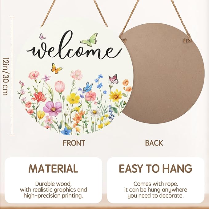 Spring Flowers Welcome Door Sign Colorful Floral Summer Door Hanger Home Decorations Spring Butterfly Wooden Hanging Sign Seasonal Farmhouse for Wall Porch 12x12 Inch