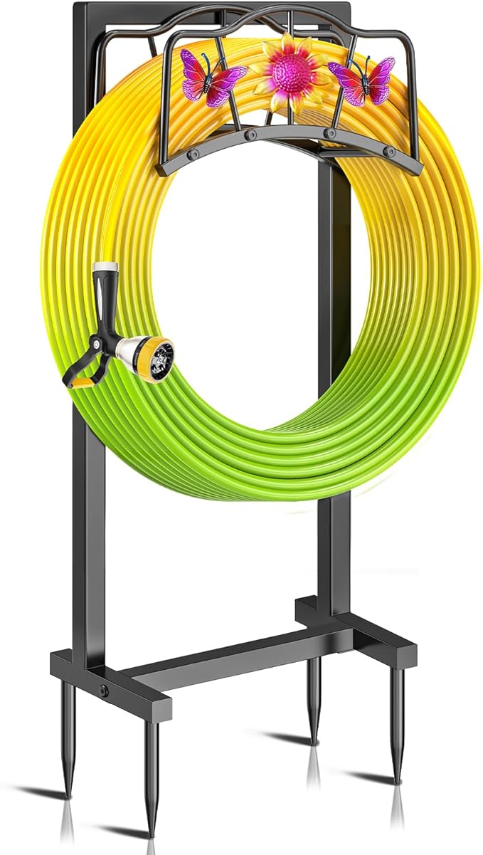 Garden Hose Holder, Heavy Duty Metal Water Hose Holders Stand with 4 Spikes, Freestanding Outdoor Water Pipe Storage Rack Hanger 150ft for Outside Yard Lawn Decor