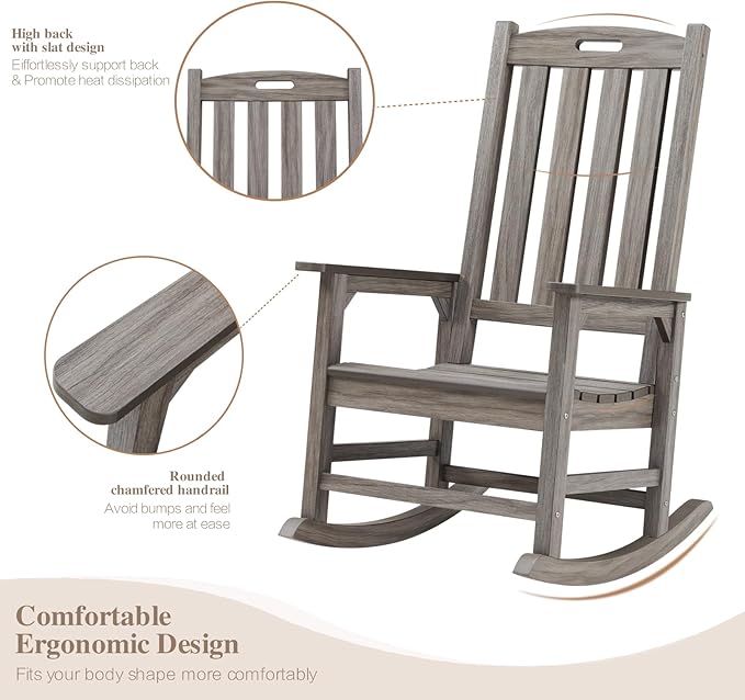 Psilvam Outdoor Rocking Chair Set of 2, Poly Lumber Oversized Rocking Chair with 21" Wide Seat and 32" Tall Backrest, Pre-Assembled with Most Components for Effortless Installation(Light Gray)