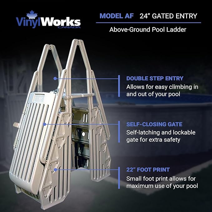 Vinyl Works 24 Inch Double Pool Step Ladder with Gate, Adjustable Stair Entry System with Handrails for Above Ground Swimming Pools, Taupe