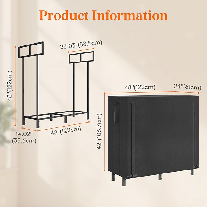 Lifewit 4 FT Firewood Rack Outdoor with Waterproof Cover, Indoor/Outdoor Wood Storage with Side Pocket, Heavy Duty Firewood Holder for Fireplace, Fire Pit, Black, 122 x 59 x 122 cm/48 x 23 x 48 inch