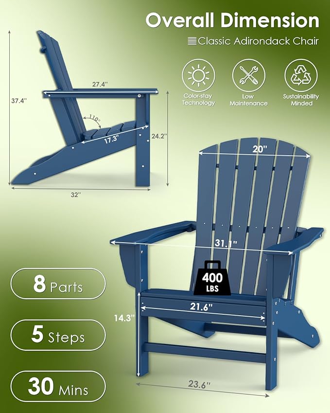 GREENVINES Adirondack Chairs Set of 2 | HDPE Plastic | Oversized Fire Pit Chair | All Weather | Blue | Poly Lumber | for Outdoor Deck Backyard Patio