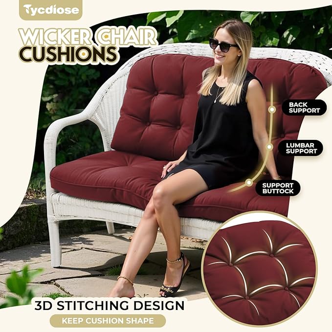 All Weather Waterproof Wicker Chair Cushions of 3 Pieces, Outdoor Wicker Chair Cushion for Patio Furniture Loveseat Settee Bench, 1 Loveseat and 2 U-Shaped Thickened Cushions, Red