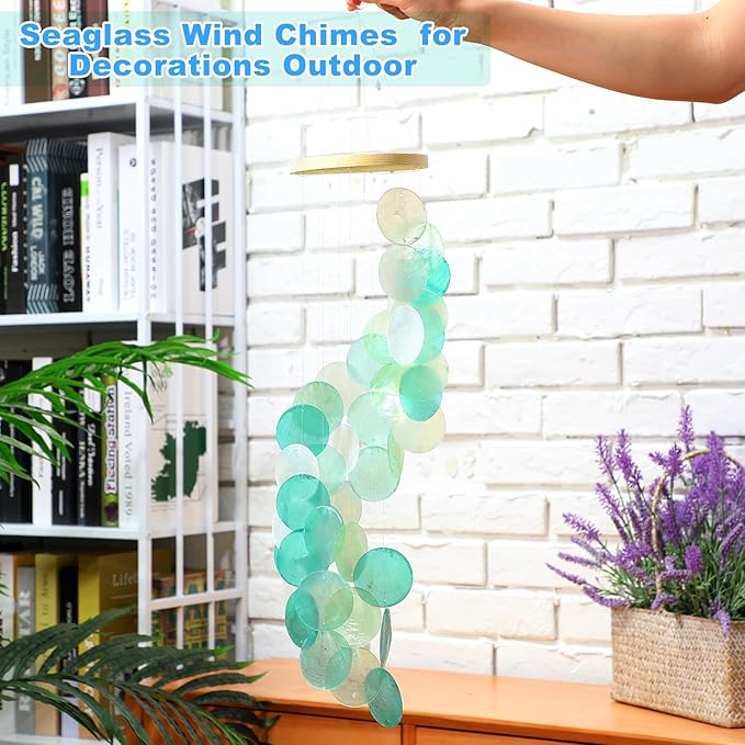 Wenqik Sea Glass Shell Wind Chimes for Outside Seaglass Capiz Windchime Spiral Wind Chimes for Women Beach Holiday Summer Gift Indoor Outdoor Home Housewarming Garden Decor(Light Blue)
