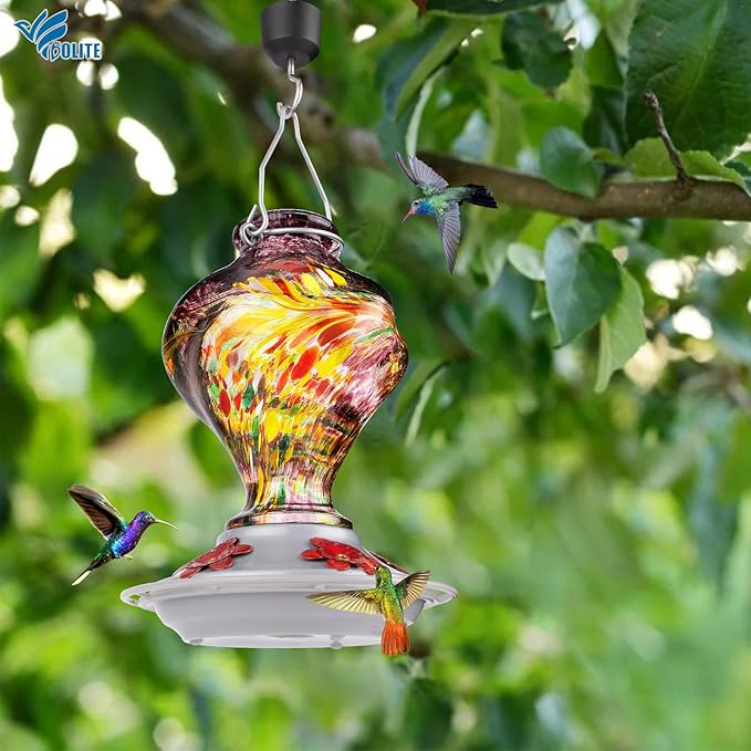 Hummingbird Feeders for Outdoors Hanging, BOLITE Glass Hummingbird Feeder, Hand Blown Twisted with Ant Moat and Five Feeding Ports, 24 Ounces, Leak Proof, Purple, Gifts for Women Men