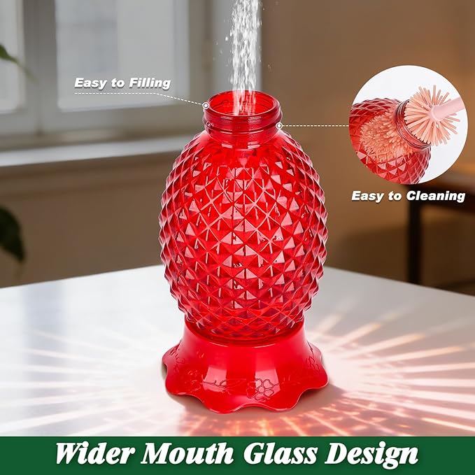 Glass Hummingbird Feeders for Outdoors Hanging Ant and Bee Proof 16OZ 1 Pack Red Pineapple Humming Bird Feeder with 6 Feeding Ports and Ant Moat Hummingbird Gifts for Women Garden Decor