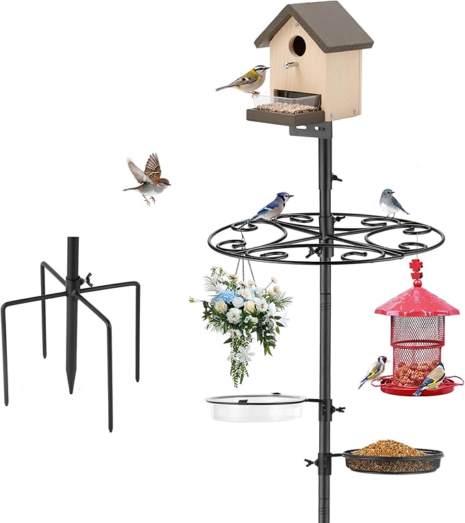 Bird Feeder Pole Stand with Semicircular Hook - Outdoor Bird Feeding Station Set: Bird House Frame, Mesh Tray & Wind-Resistant Water Bowl with Metal Snap Fastening