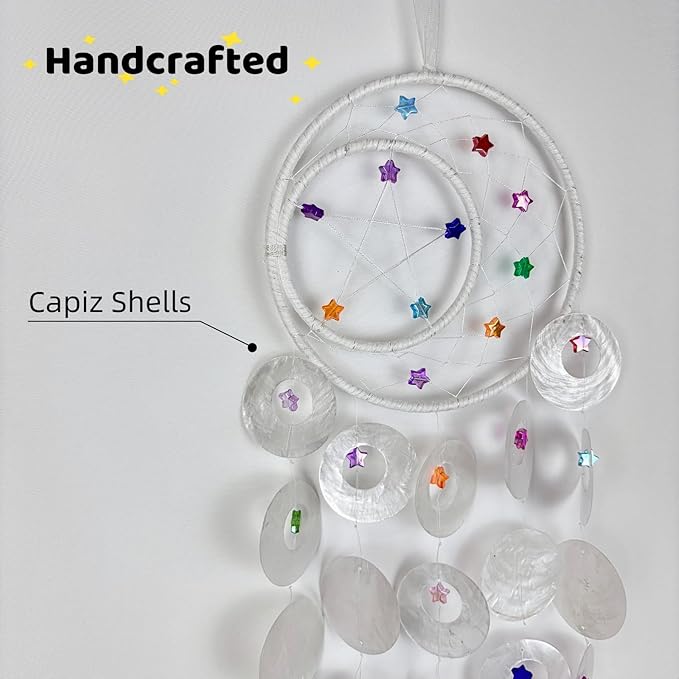 Wind Chimes for Outside Dream Catcher Colorful Stars Capiz Shell Windchime Seashell Sea Glass Beach Coastal Crafts Decor for Garden Patio Yard Unique Outdoor for Women