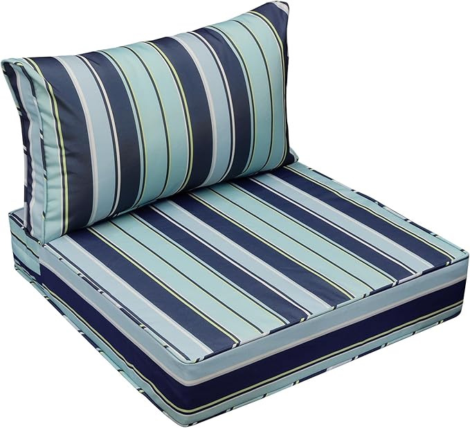 AAAAAcessories Outdoor Seat Cushions for Chairs, Fade-Resistant, Waterproof Patio Furniture Replacement Cushions, 24" x 24" x 5" + 24" x 13.5", Ash Teal Seaside Stripe