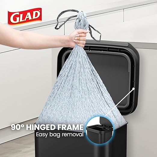 Glad Stainless Steel Step Trash Can, Series 2 with Clorox Protection - Large Black Kitchen Garbage Bin with Soft Close Lid, Foot Pedal and Waste Bag Roll Holder, 13 Gallon