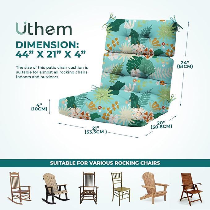 Rocking Chair Cushion, Waterproof Chairs Cushions for Adirondack Chairs Patio Couch High Back Thicked Cushions Outdoor and Indoor with Ties, Cyan Flower Leaves